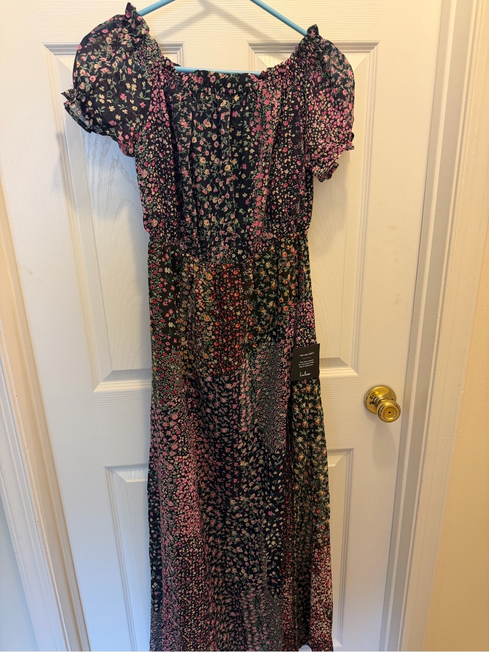 Lulu's Black Floral Maxi Dress with Pink & Green Accents
